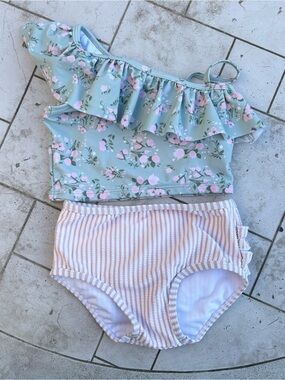 Ruffle Butts Mint Floral Ruffle Swim Set with Pink Accents sz 3T